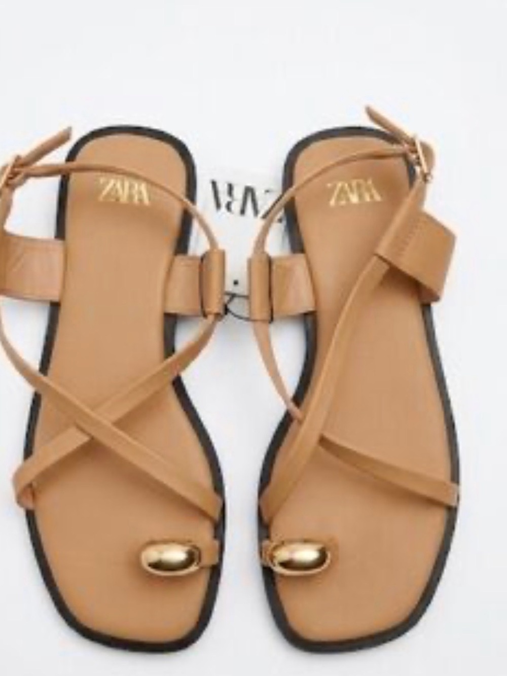 ZARA Tan Strappy Toe-Loop Sandals with Gold Accent